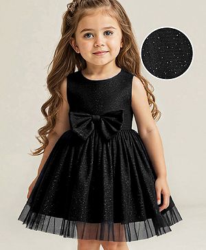 Babyhug Woven Sleeveless Shimmer Party Dress with Bow Applique - Black
