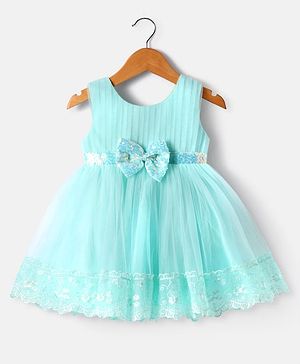 Babyhug Woven Sleeveless Mesh Party Dress With Lace Detailing & Bow Applique - Mint