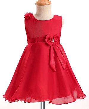 Babyhug Woven Sleeveless Party Dress with Floral & Bow Applique - Red