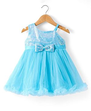 Babyhug Woven Sleeveless Party Dress With Sequinned Yoke & Bow Applique - Light Blue