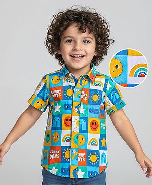 Babyhug Cotton Woven Half Sleeves Shirt With Smiley Print - Blue