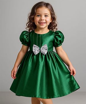 Babyhug Woven Half Puffed Sleeves Party Dress With Bow Applique & Sequin Detailing - Dark Green