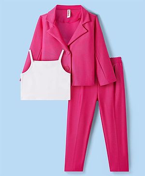 Babyhug Woven Full Sleeves Solid Colour  Blazer with Top & Trouser Set - Pink