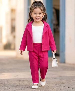 Babyhug Woven Full Sleeves Solid Colour  Blazer with Top & Trouser Set - Pink
