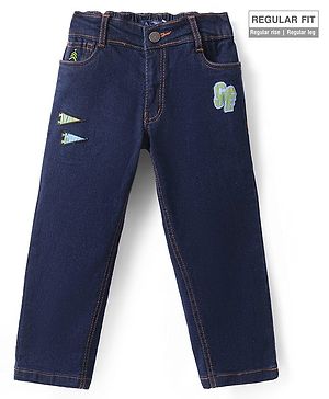 Pine Kids Woven Full Length Washed Denim Jeans With Paper Plane Patch - Navy Blue