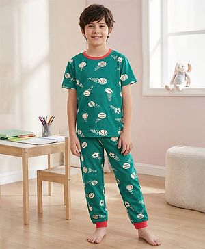 Pine Kids Single Jersey Knit Half Sleeves Sport Graphic Night Suit Set - Dark Green