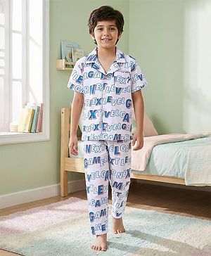 Pine Kids Single Jersey Knit Half Sleeves Night Suit with Text Print - White & Blue