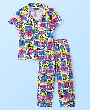 Pine Kids Single Jersey Knit Half Sleeves Night Suit with Heart & Text Print - Blue & Green