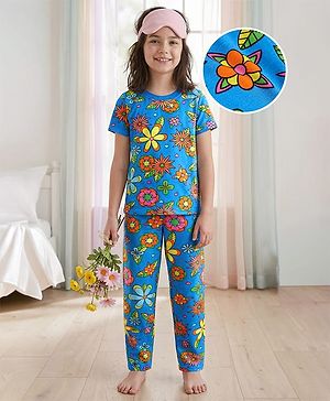 Pine Kids Single Jersey Knit Half Sleeves Night Suit with Floral Print - Blue