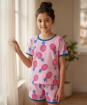 Pine Kids Single Jersey Knit Half Sleeves Shorts Night Suit with Tropical Print - Pink