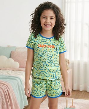 Pine Kids Single Jersey Knit Half Sleeves Shorts Night Suit with Tropical Text Print - Light Green