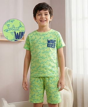 Pine Kids Single Jersey Knit Half Sleeves T-Shirt & Short Night Suit   with Fish Print - Light Green