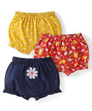 Babyhug Single Jersey Knit Bloomers with Floral & Polka Dot Print Pack of 3 - Navy Blue Red & Yellow