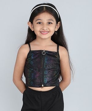 Taffykids Lurex Sleeveless Gradient Foil Printed Zip Up Crop Top - Black & Multi Colour