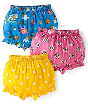Babyhug 100% Cotton Bloomer with Floral & Polka Dot Print Pack of 3 - Blue Pink & Yellow