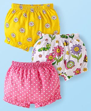 Babyhug 100% Cotton Bloomer with Floral & Polka Dot Print Pack of 3 - Lavender Pink & Yellow