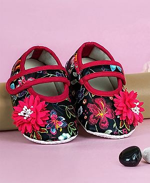 Coco Candy Embriodered & Printed Floral Booties - Black & Dark Pink