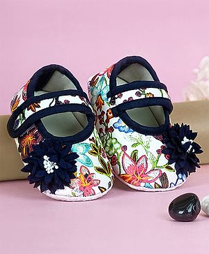 Coco Candy Flower Applique Embriodered & Printed Booties - Navy Blue