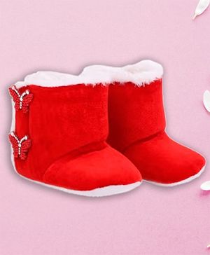 Coco Candy Butterfly r Stone Embellished Fur Shoes Style Booties - Red