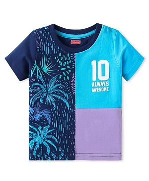 Babyhug Cotton Knit Half Sleeves Cut & Sew T-Shirt with Jungle & Text Print - Navy Blue & Purple
