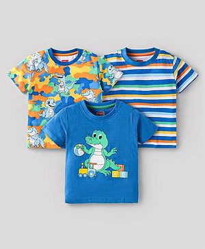 Babyhug Cotton Knit Half Sleeves T-Shirts With Dino Print Pack of 3 - Blue