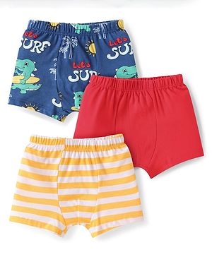 Babyhug 100% Cotton Trunk with Stripes & Animal Print Pack Of 3 - Red Navy Blue Yellow