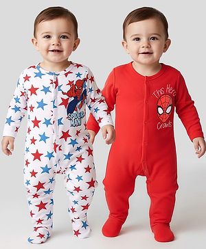 Babyhug Marvel Interlock Knit Full Sleeves Footed Sleep Suits With Spider-Man Graphics Pack of 2 - Red & White