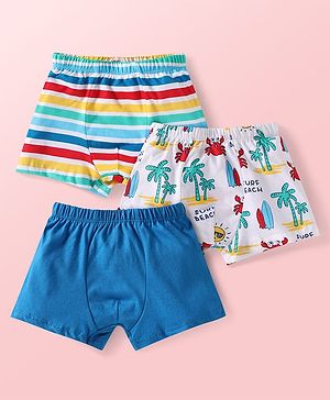 Babyhug Single Jersey Knit Trunks With Beach Theme Print Pack of 3 - Blue & White