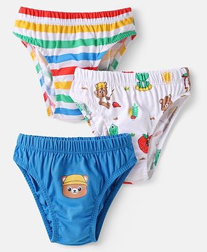 Babyhug 100% Cotton Knit Briefs with Stripes & Bear Print Pack of 3 - Blue & White