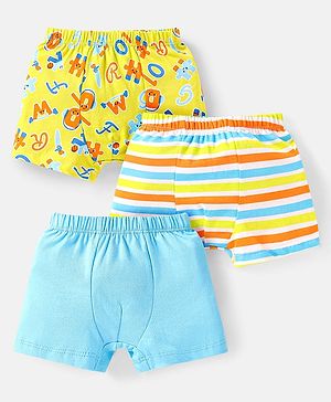 Babyhug 100% Cotton Knit Trunks With Stripes & Alphabet Print Pack of 3 - Blue & Yellow