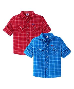 TONYBOY Cotton Pack Of 2 Full Sleeves Checked Shirts - Red & Blue