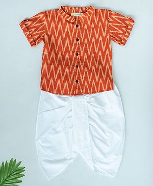 KLINGARU Cotton Half Sleeves Ikat Printed Shirt Dhoti Set - Orange