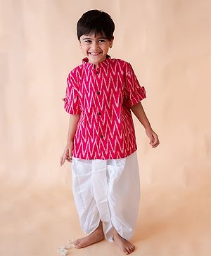 KLINGARU Cotton Half Sleeves Ikat Printed Shirt Dhoti Set - Pink