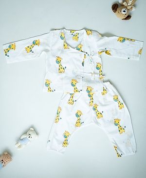 KLINGARU Cotton Knit Full Sleeves Giraffes Printed Coordinating Jhabla & Pajama Set - White