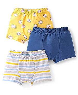 Babyhug Single Jersey Knit Trunks with Stripes & Ball Print Pack of 3 - Yellow White & Navy Blue