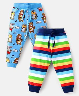 Babyhug Single Jersey Knit Full Length Lounge Pants with Animal & Strips Print Pack of 2 - Light Blue & Navy Blue