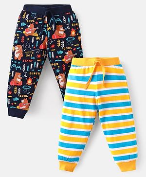 Babyhug Single Jersey Full Length Lounge Pants with Strips & Safari Theme Print Pack of 2 - Yellow & Navy Blue