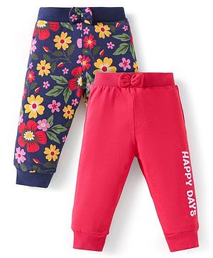 Babyhug Single Jersey Knit Full Length Lounge Pants with Floral & Text Print Pack of 2 - Navy Blue & Red