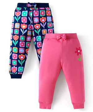 Babyhug Single Jersey Knit Full Length Lounge Pants with Floral Print & Bow Pack Of 2 - Pink Navy Blue