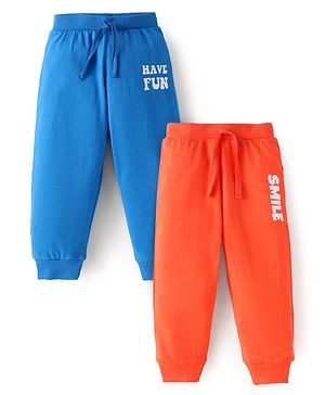 Babyhug Single Jersey Knit Full Length Lounge Pants with Text Print Pack of 2 - Orange & Blue