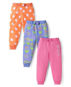Babyhug Single Jersey Full Length Lounge Pants with Bow Applique Polka Dots & Floral Print Pack of 3 - Pink Blue & Orange