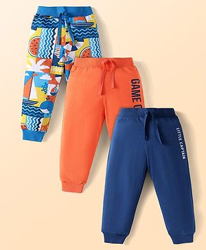 Babyhug Single Jersey Knit Full Length Lounge  Pants with Beach Theme Print Pack of 3 - Navy & Orange
