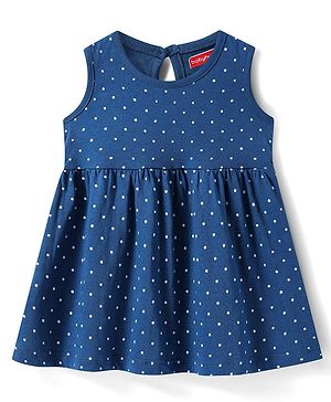 Babyhug Single Jersey Knit Sleeveless Frock With Polka Dot Print - Teal Blue