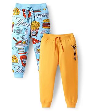 Babyhug Single Jersey Knit Full Length Lounge Pants with Yummy Print Pack of 2 - Yellow & Light Blue