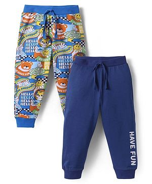 Babyhug Single Jersey Full Length Lounge Pants with Animal & Text Print Pack Of 2 - Blue & Navy Blue