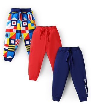 Babyhug Single Jersey Knit Full Length Lounge Pant with Geometric & Text Print Pack of 3 - Red & Navy Blue