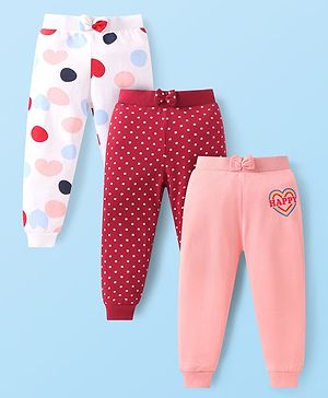 Babyhug Single Jersey Knit Full Length Lounge Pants with Heart & Polka Dot Print and a Bow Applique Pack Of 3 - Pink Maroon & White