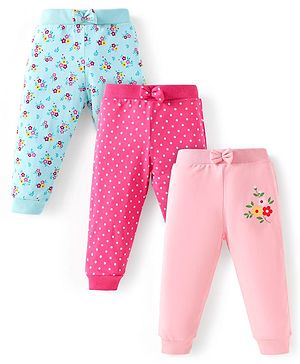 Babyhug Single Jersey Knit Full Length Lounge Pants with Bow Polka Dots & Floral Prints Pack of 3 - Light Pink Light Blue & Dark Pink