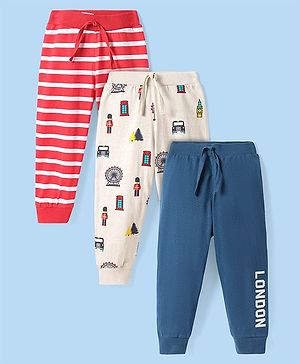 Babyhug Single Jersey Knit Full Length Lounge Pants with Stripes & Vehicle Print Pack Of 3 - Red White & Navy Blue
