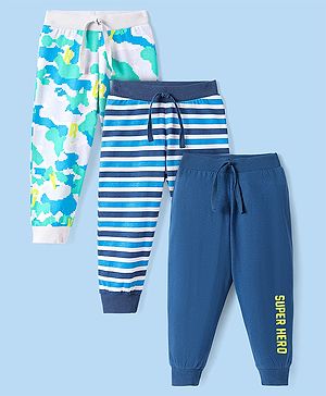 Babyhug Single Jersey Knit Full Length Lounge Pants with Stripes & Abstract Print Pack Of 3 - Blue & Navy Blue
